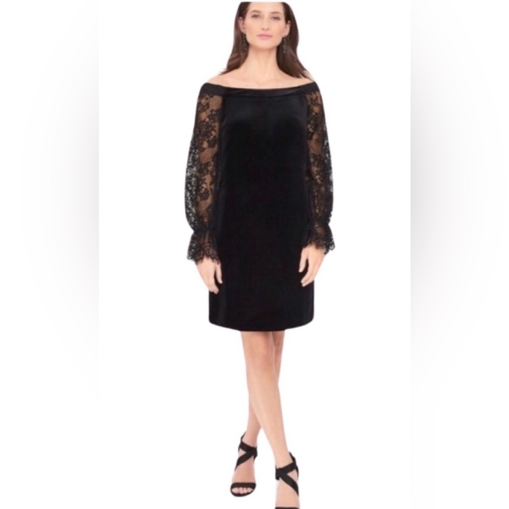 White House Black Market Off Shoulder Velvet Dress Lace Sleeves Size 12
